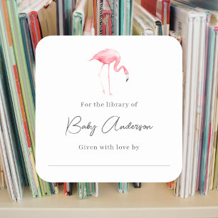 Sticker Carré Plaque baby shower flamingo