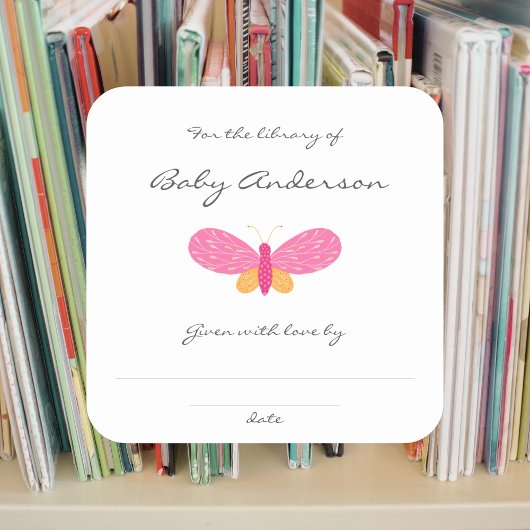 Sticker Carré Plaque baby shower papillon rose