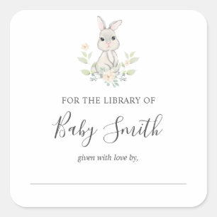 Sticker Carré Plaque baby shower Stick de lapin en bois