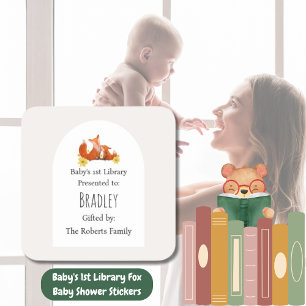 Sticker Carré Plaque de Baby shower de la 1ère Bibliothèque de B