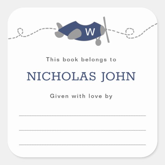 Sticker Carré Plaque de Baby shower de l'avion Monogram (Devant)