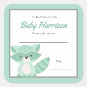 Sticker Carré Plaque de Baby shower de Mint Raccoon, neutre