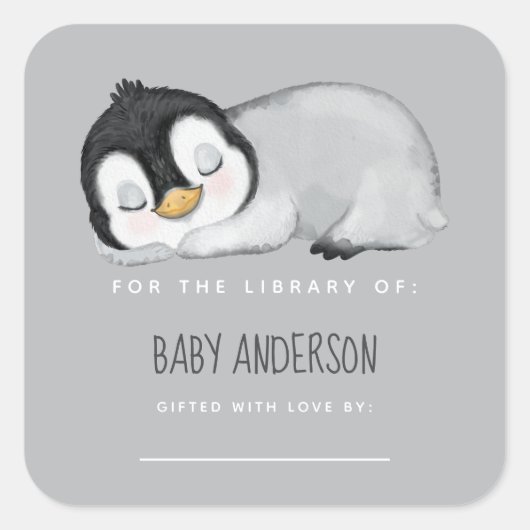 Sticker Carré Plaque de Baby shower de pingouin mignon (Devant)