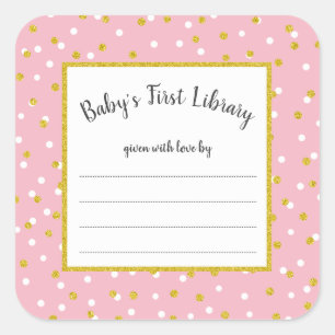 Sticker Carré Plaque de baby shower de point d'or rose pour fill