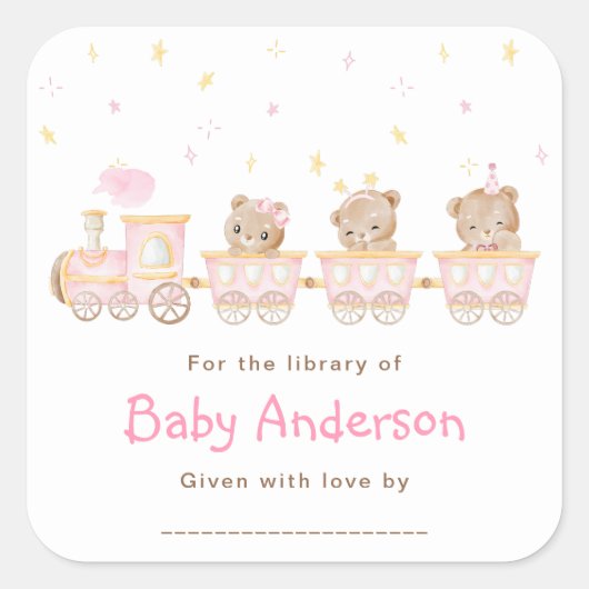 Sticker Carré Plaque de Baby shower du train rose ours (Devant)