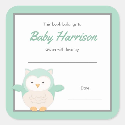 Sticker Carré Plaque de Baby shower Mint Owl, livre neutre (Devant)