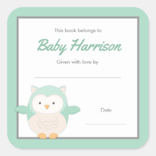 Sticker Carré Plaque de Baby shower Mint Owl, livre neutre