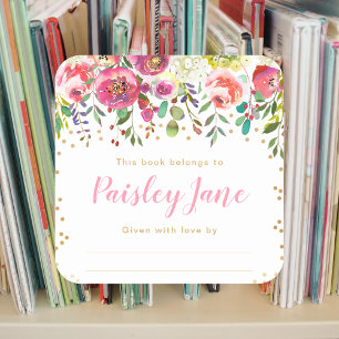 Sticker Carré Plaque de Baby shower rose florale fille