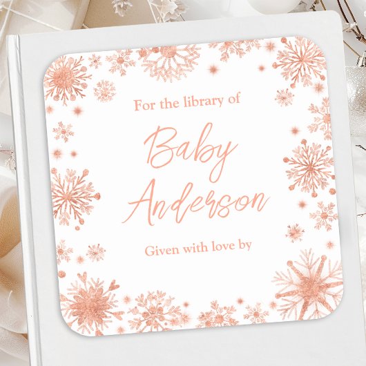 Sticker Carré Plaque de Baby shower rose Gold Snowflakes