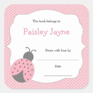 Sticker Carré Plaque-livre rose gris Ladybug / baby shower du li