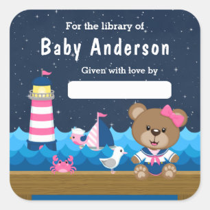 Sticker Carré Plaque-mère Nautique Bear Rose et Navy Baby