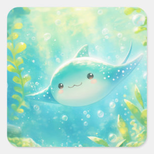 Sticker Carré Playful Manta Ray nager dans les eaux coralliennes