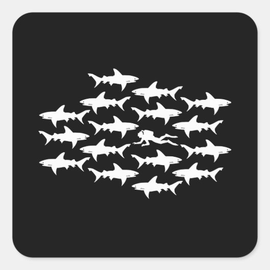 Sticker Carré Plongée plongée nage avec une école de requins (Devant)