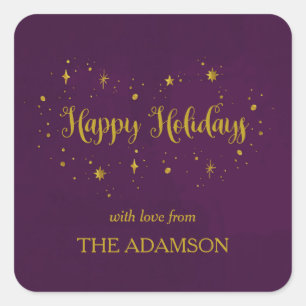 Sticker Carré Plum Purple et Gold Happy Holidays