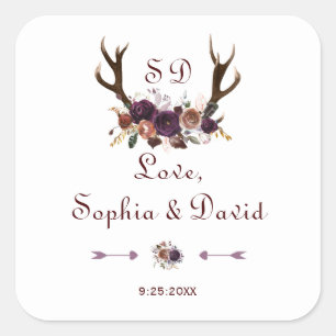 Sticker Carré Plum Purple Floral Antlers Mariage