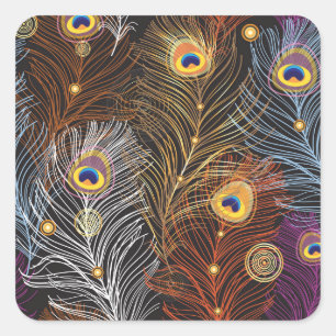 Sticker Carré Plumes de paon doré : motif foncé.