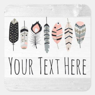 Sticker Carré Plumes d'oiseaux de Bohême en Chic Tribal Rose-Noi