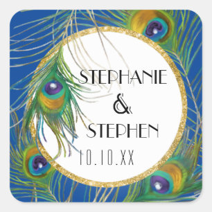Sticker Carré Plumes Royal Blue Peacock avec Parties scintillant