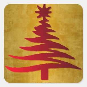 Sticker Carré Pochoir d'arbre de Noël rouge sur or