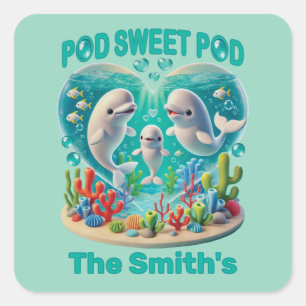 Sticker Carré "Pod Sweet Pod" Famille de baleines personnalisabl