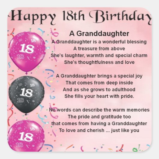 Sticker Carré Poème de petite fille - 18ème anniversaire (Devant)