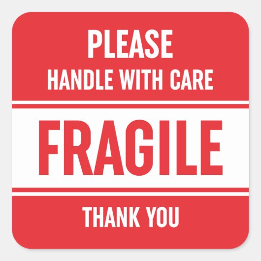 Sticker Carré Poignée fragile avec avertissement de soins (Devant)