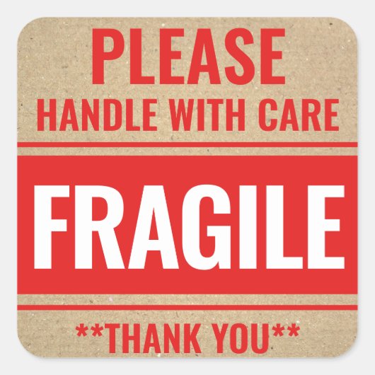 Sticker Carré Poignée Rustique Kraft Fragile Avec Attention (Devant)
