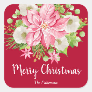 Sticker Carré Poinsettia de Noël Fleur Rouge Fêtes