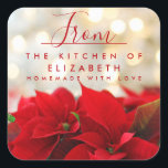 Sticker Carré Poinsettia rouge avec Golden Bokeh Christmas Kitch<br><div class="desc">stickers cuisine / cuisine personnalisée avec une photo festive de vacances avec un bouquet de poinsettias rouges sur le fond. Des lumières dorées chatoyantes dans l'arrière - plan. Style élégant et élégant.</div>