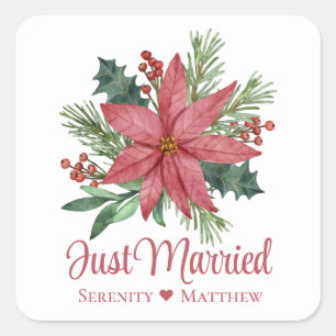 Sticker Carré Poinsettia Rouge Floral Hiver Juste Marié Mariage