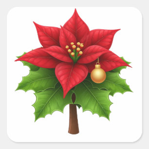 Sticker Carré Poinsettia rouge vibrant avec des feuilles vertes