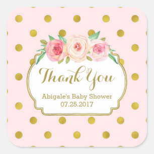 Sticker Carré Points d'or rose Baby shower floral Favoriser les
