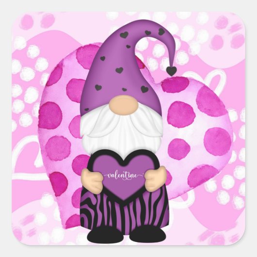 Sticker Carré Pois violet rose Valentine Gnome (Devant)