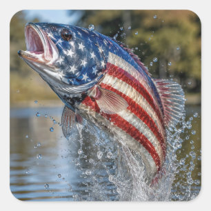 Sticker Carré Poisson au drapeau américain jaillissant de l'eau