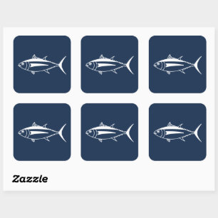 Sticker Carré Poisson de thon d'Albacore en blanc sur bleu marin