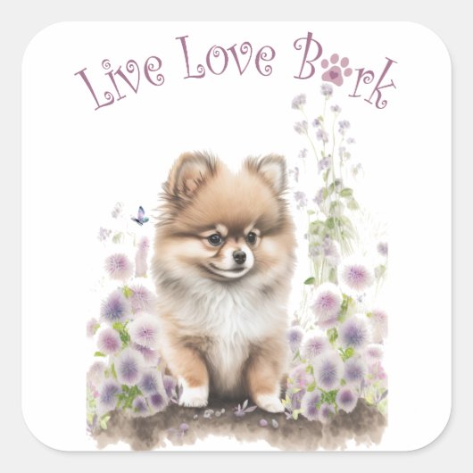Sticker Carré Pomeranian Chien Maman Floral (Devant)