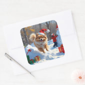 Sticker Carré Poméranien en neige avec Casquette de Noël (Enveloppe)
