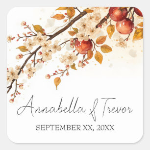 Sticker Carré Pommes et Fleurs Automne Mariage Nom Personnalisé