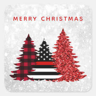 Sticker Carré Pompier sapin Noël Arbre Rouge Ligne Plaid Partie