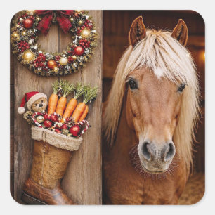 Sticker Carré Poney de Noël et carottes dans la chaussette Migno
