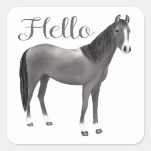 Sticker Carré Poney Gris Équestre En pensant à toi Bonjour Cheva