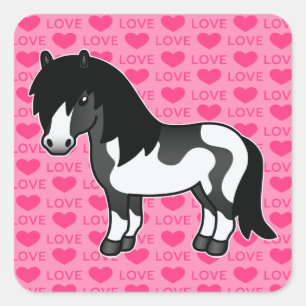 Sticker Carré Poney Shetland de dessin animé Pinto noir Cœurs d'