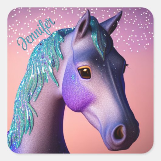 Sticker Carré Pony magique en violet et Turquoise avec nom perso (Devant)