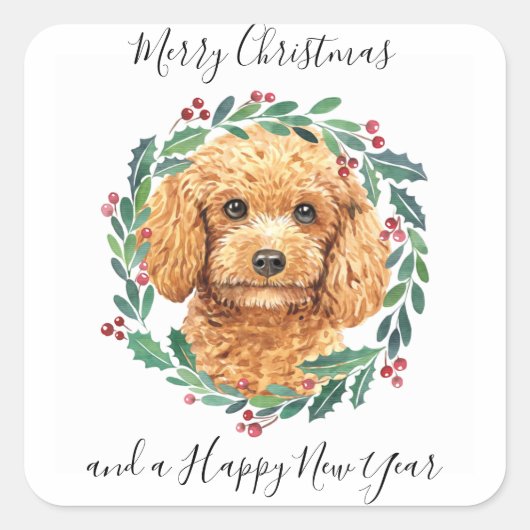 Sticker Carré Poodle Elegant Chien Wreath Joyeux Noël (Devant)