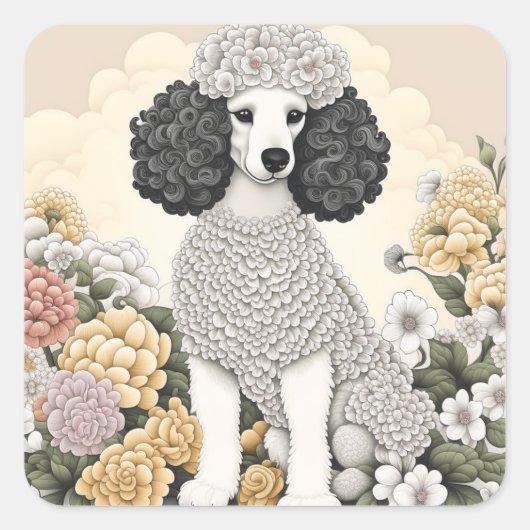 Sticker Carré Poodle en Fleurs Whimsical (Devant)