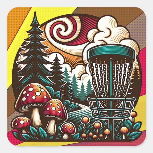 Sticker Carré Pop Art Champignons et Disque Golf Course Ai Art (Devant)