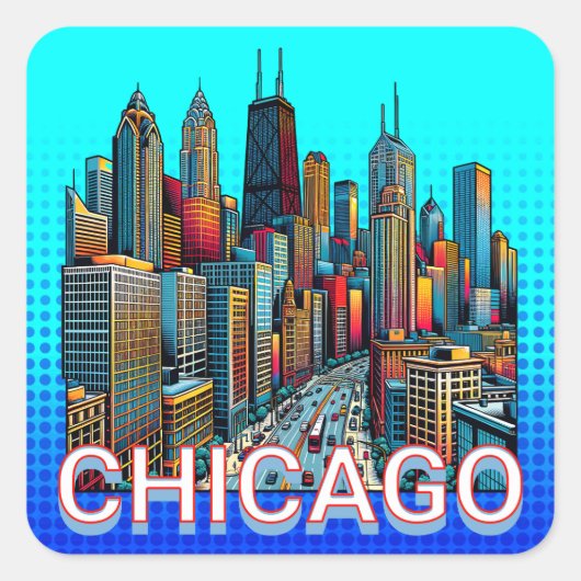 Sticker Carré Pop art Comic Book Art Chicago Illinois Skyline (Devant)
