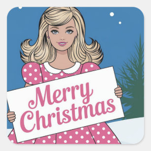 Sticker Carré Pop art rose Joyeux Noël retro fille