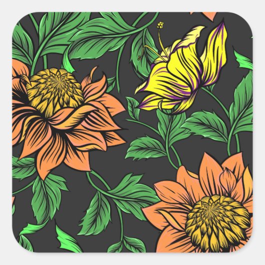 Sticker Carré Pop Fleurs Lumineuses de l'Arrière - plan noir (Devant)
