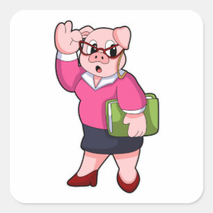 Sticker Carré Porc en tant que secrétaire avec des lunettes